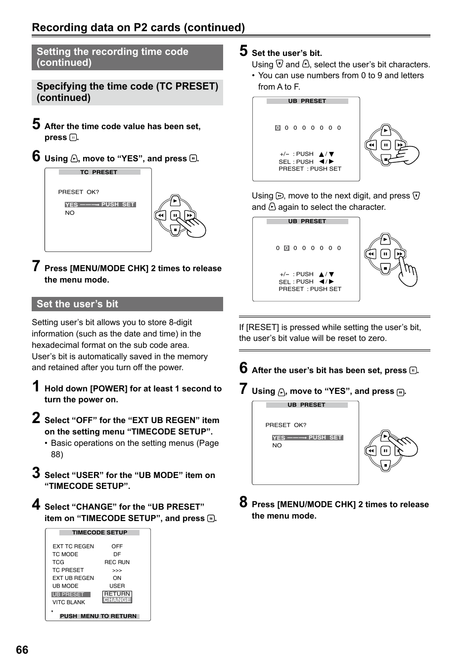 Set the user’s bit, Recording data on p cards (continued) | Panasonic AG-HPG20P User Manual | Page 66 / 120