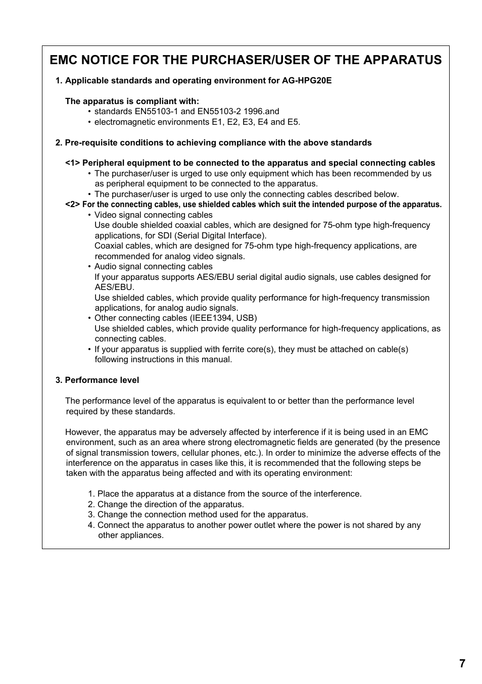 Emc notice for the purchaser/user of the apparatus | Panasonic AG-HPG20P User Manual | Page 7 / 120