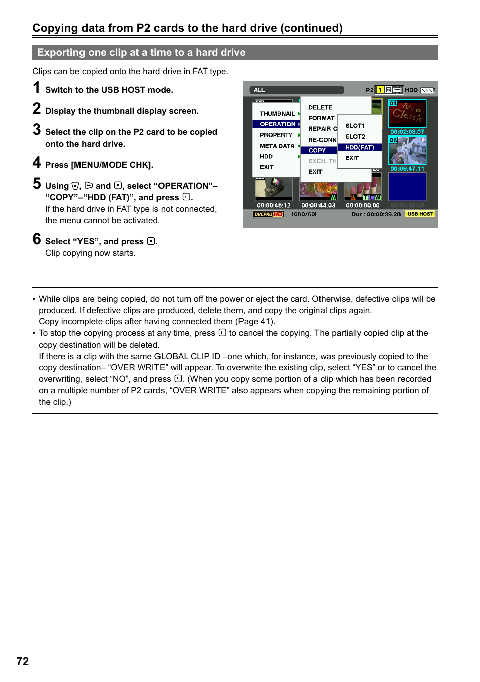 Exporting one clip at a time to a hard drive | Panasonic AG-HPG20P User Manual | Page 72 / 120