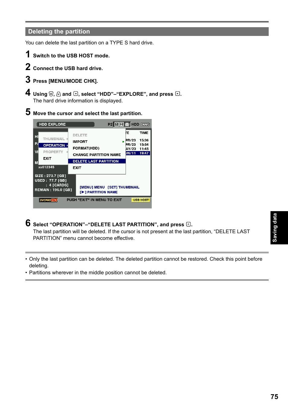 Deleting the partition | Panasonic AG-HPG20P User Manual | Page 75 / 120