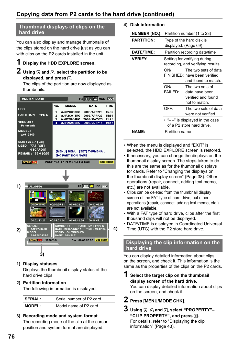 Thumbnail displays of clips on the hard drive, Displaying the clip information on the hard drive | Panasonic AG-HPG20P User Manual | Page 76 / 120