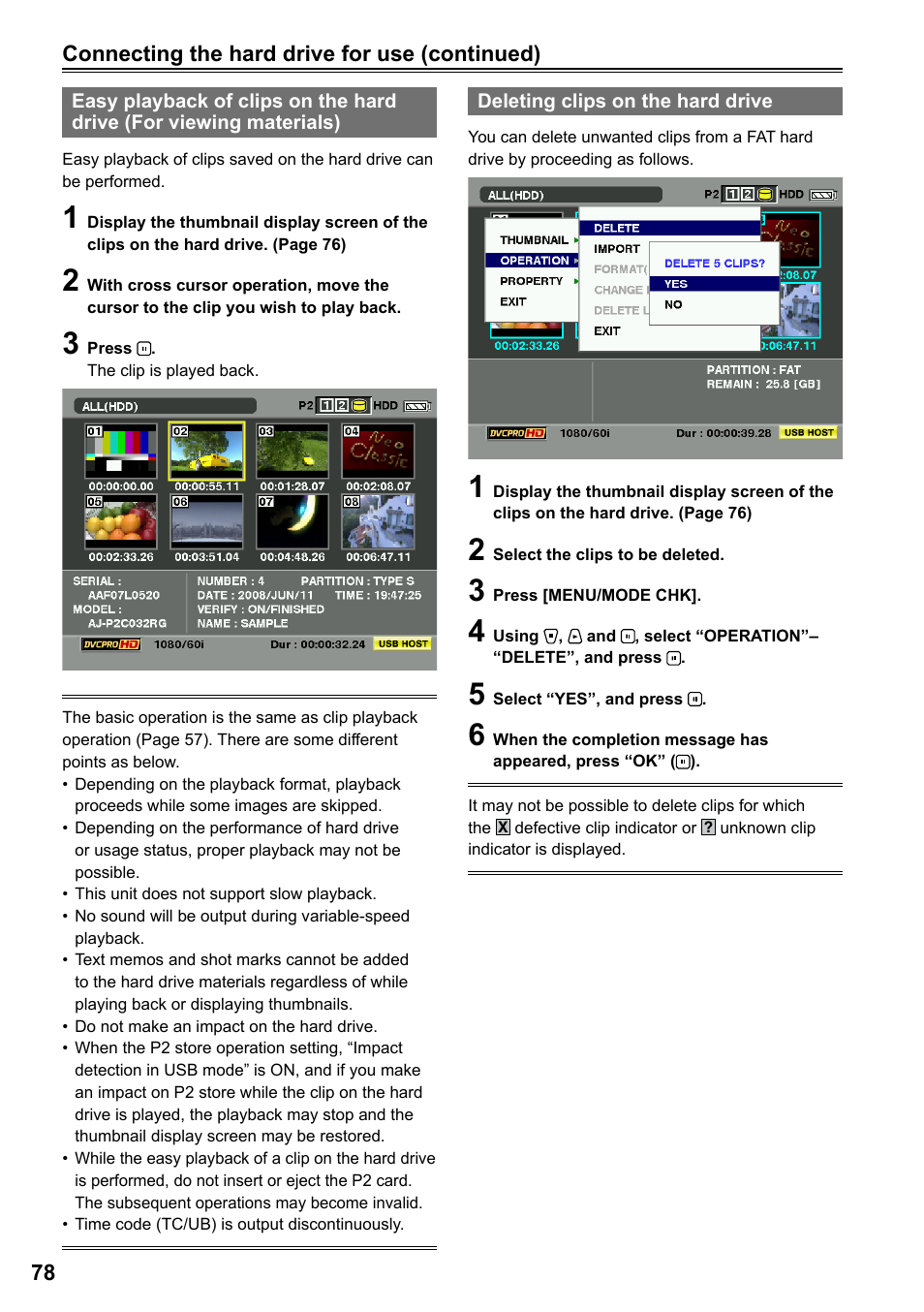 Deleting clips on the hard drive | Panasonic AG-HPG20P User Manual | Page 78 / 120