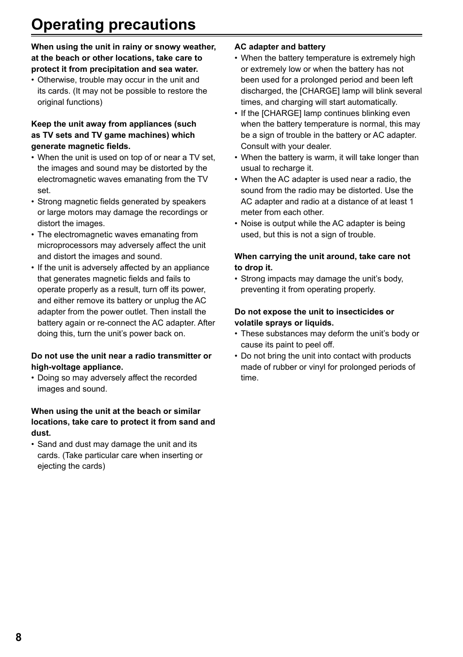 Operating precautions | Panasonic AG-HPG20P User Manual | Page 8 / 120