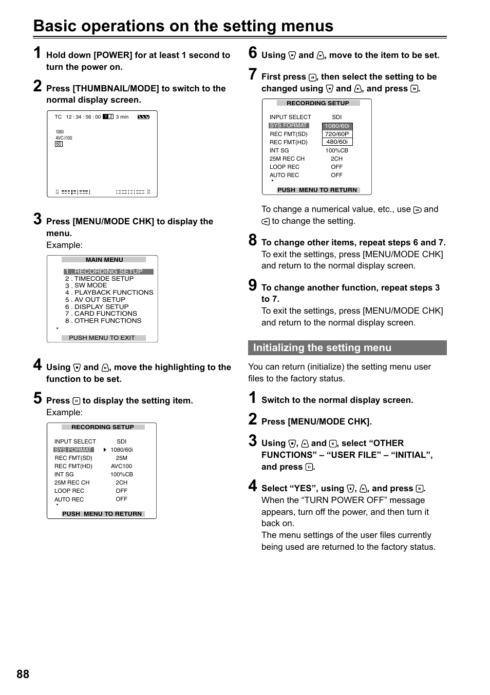 Basic operations on the setting menus, Initializing the setting menu, Basic operations on the setting menus 1 | Panasonic AG-HPG20P User Manual | Page 88 / 120