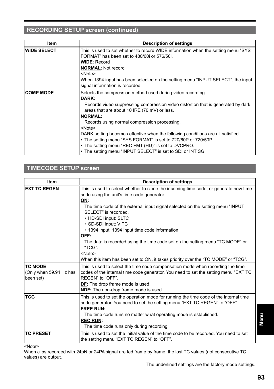 Timecode setup screen, Recording setup screen (continued) | Panasonic AG-HPG20P User Manual | Page 93 / 120