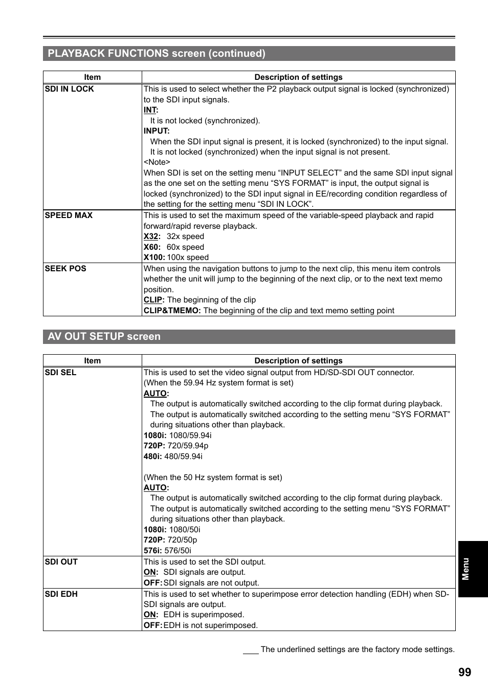 Av out setup screen, Playback functions screen (continued) | Panasonic AG-HPG20P User Manual | Page 99 / 120