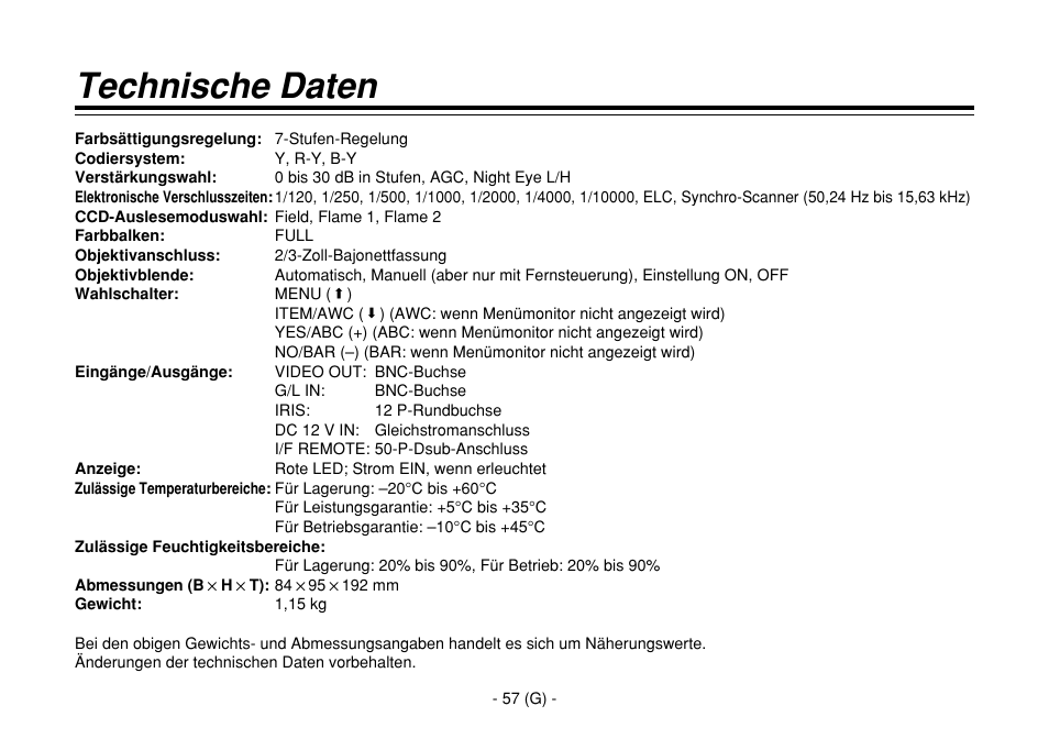 Technische daten | Panasonic AW-E860L User Manual | Page 116 / 292