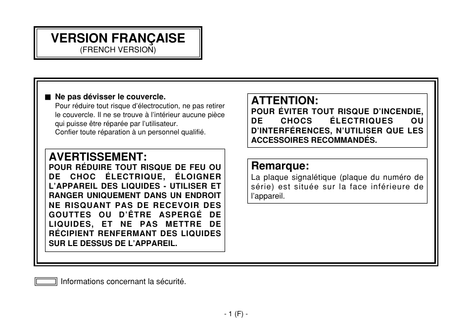 French, Version française, Avertissement | Attention, Remarque | Panasonic AW-E860L User Manual | Page 118 / 292