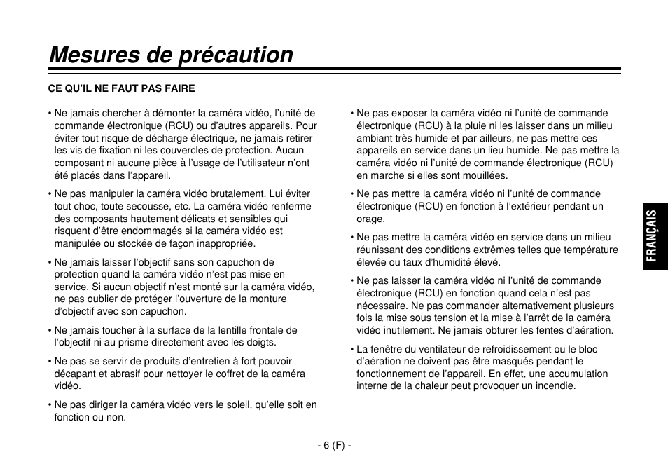 Mesures de précaution | Panasonic AW-E860L User Manual | Page 123 / 292