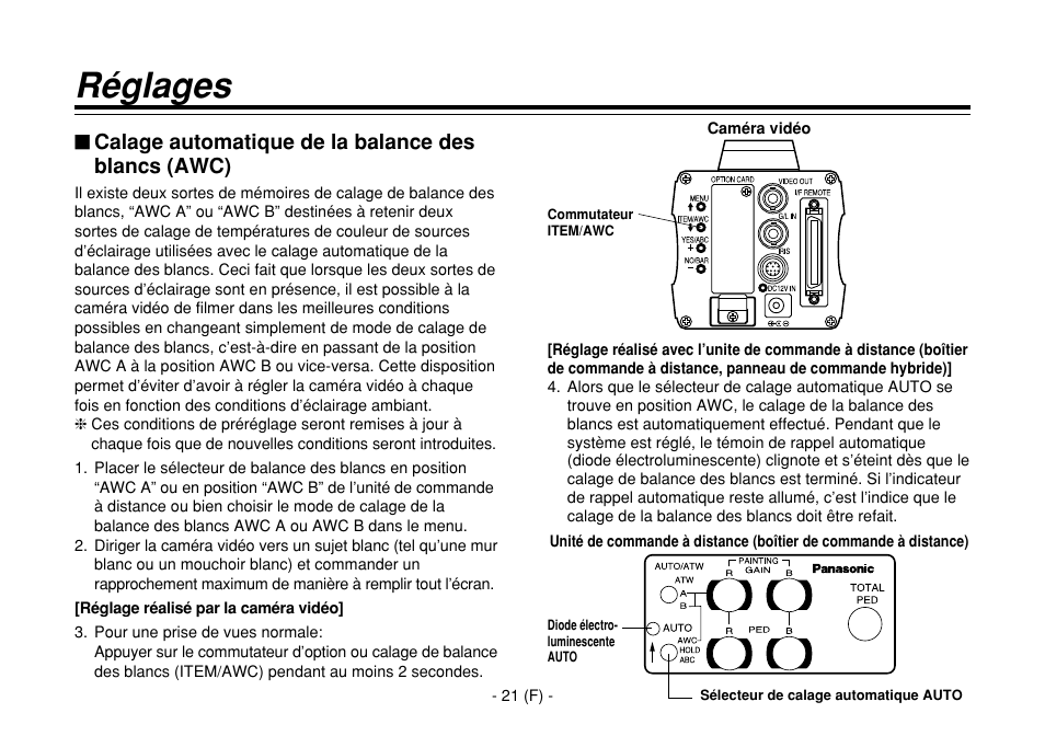 Réglages, Calage automatique de la balance des blancs (awc) | Panasonic AW-E860L User Manual | Page 138 / 292