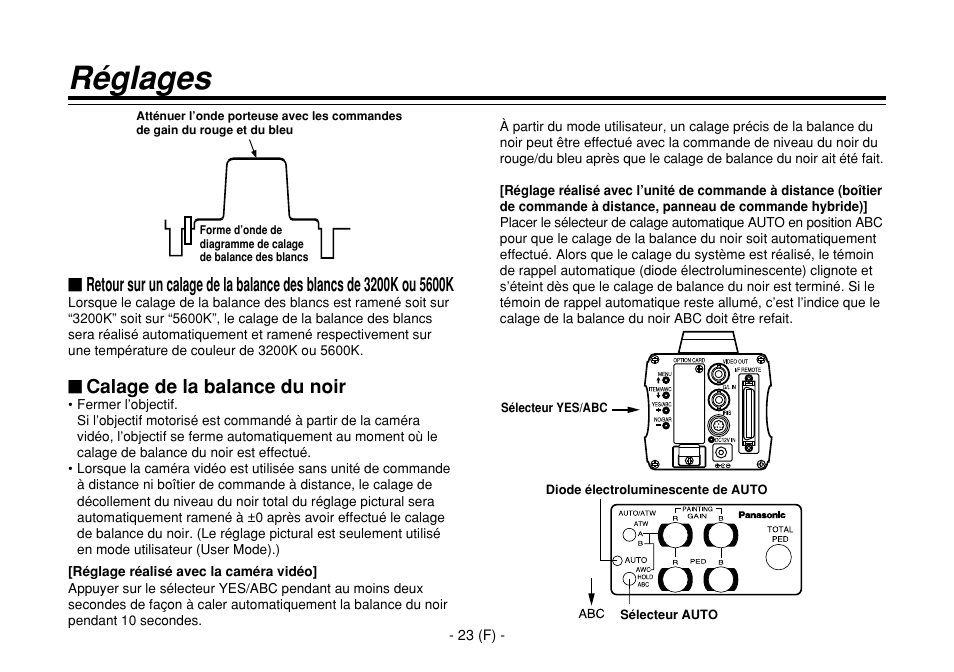 Réglages, Calage de la balance du noir | Panasonic AW-E860L User Manual | Page 140 / 292