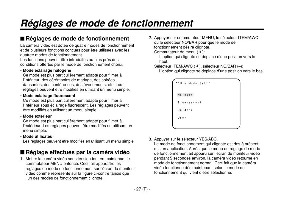 Réglages de mode de fonctionnement, Réglage effectués par la caméra vidéo | Panasonic AW-E860L User Manual | Page 144 / 292