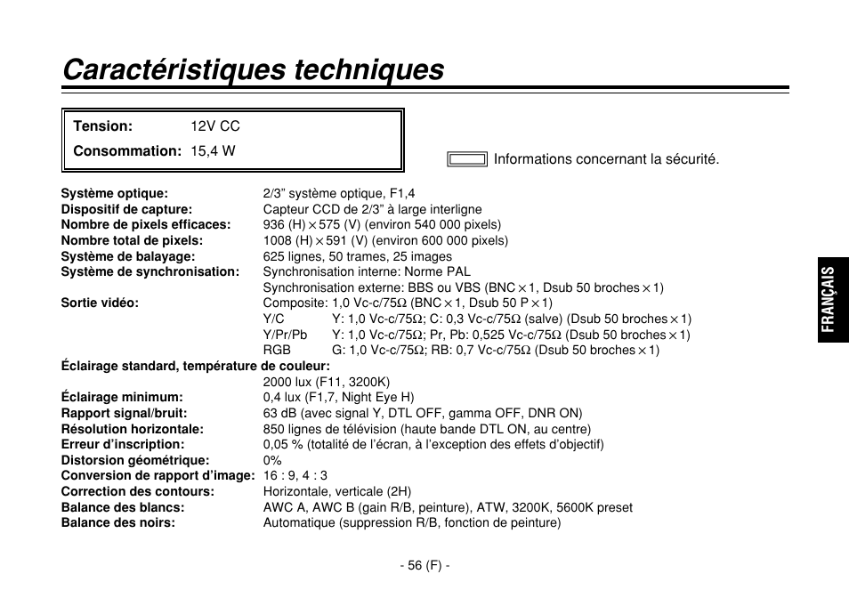 Caractéristiques techniques | Panasonic AW-E860L User Manual | Page 173 / 292