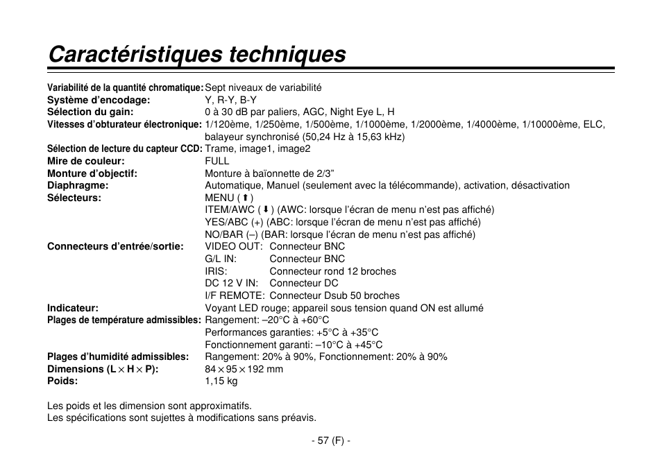 Caractéristiques techniques | Panasonic AW-E860L User Manual | Page 174 / 292