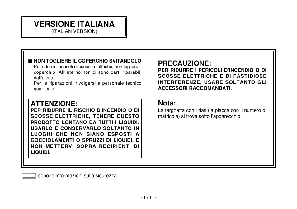 Italian, Versione italiana, Attenzione | Precauzione, Nota | Panasonic AW-E860L User Manual | Page 176 / 292