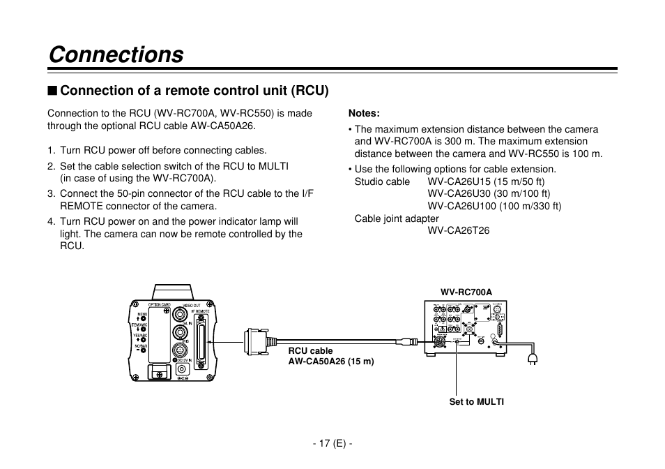 Connections, Connection of a remote control unit (rcu) | Panasonic AW-E860L User Manual | Page 18 / 292