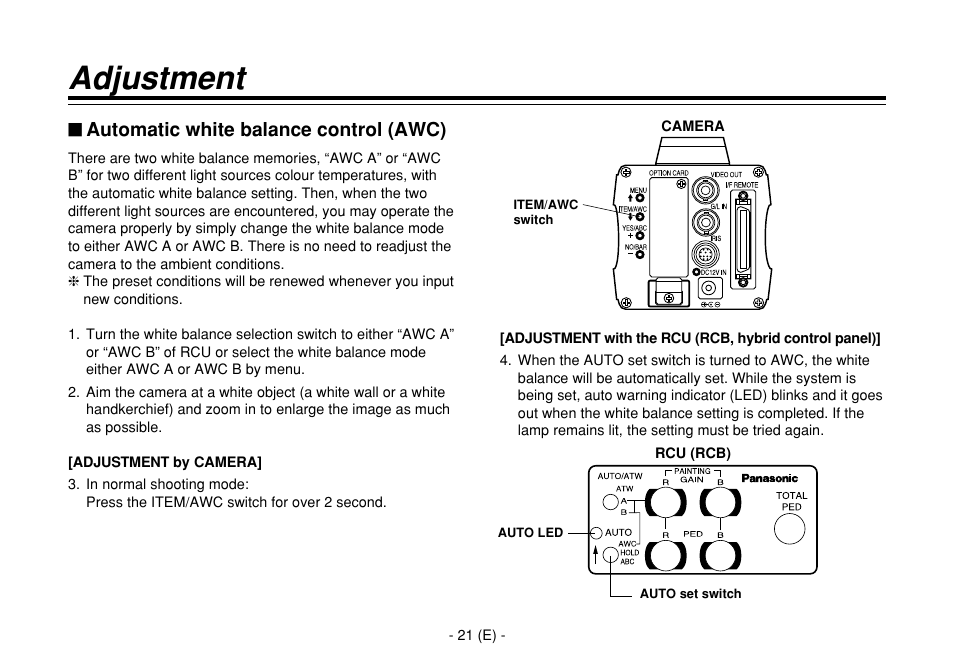 Adjustment, Automatic white balance control (awc) | Panasonic AW-E860L User Manual | Page 22 / 292