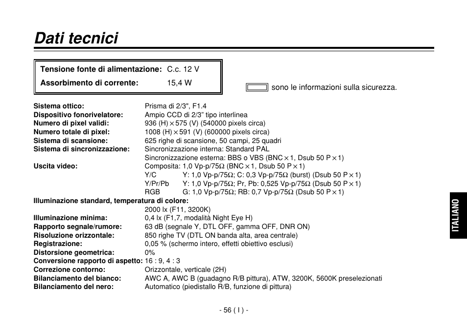 Dati tecnici | Panasonic AW-E860L User Manual | Page 231 / 292