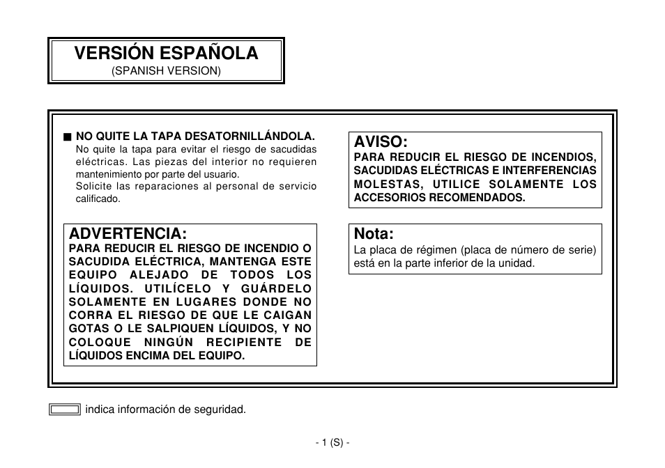 Spanish, Versión española, Advertencia | Nota, Aviso | Panasonic AW-E860L User Manual | Page 234 / 292