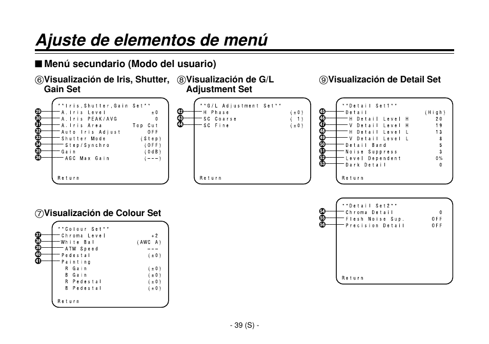 Ajuste de elementos de menú, Menú secundario (modo del usuario), 6visualización de iris, shutter, gain set | 7visualización de colour set, 8visualización de g/l adjustment set, 9visualización de detail set | Panasonic AW-E860L User Manual | Page 272 / 292