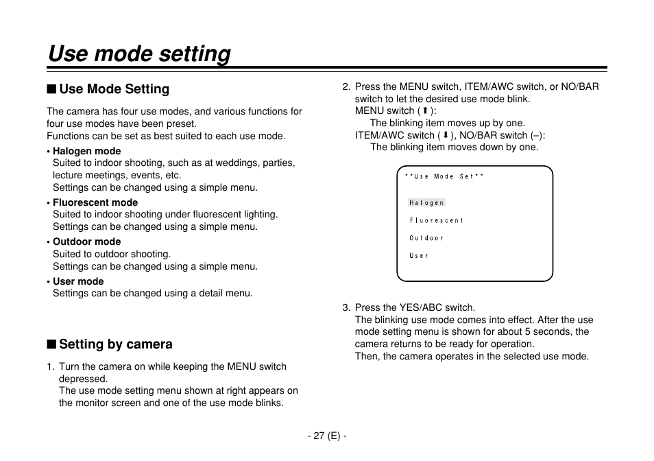 Use mode setting, Setting by camera | Panasonic AW-E860L User Manual | Page 28 / 292