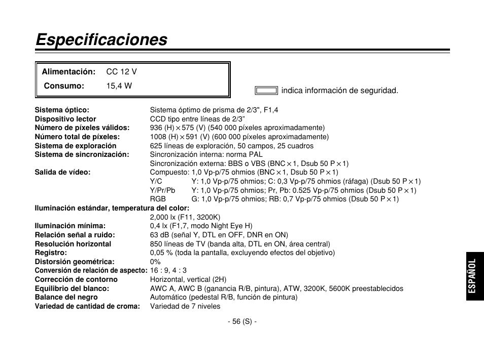 Especificaciones | Panasonic AW-E860L User Manual | Page 289 / 292
