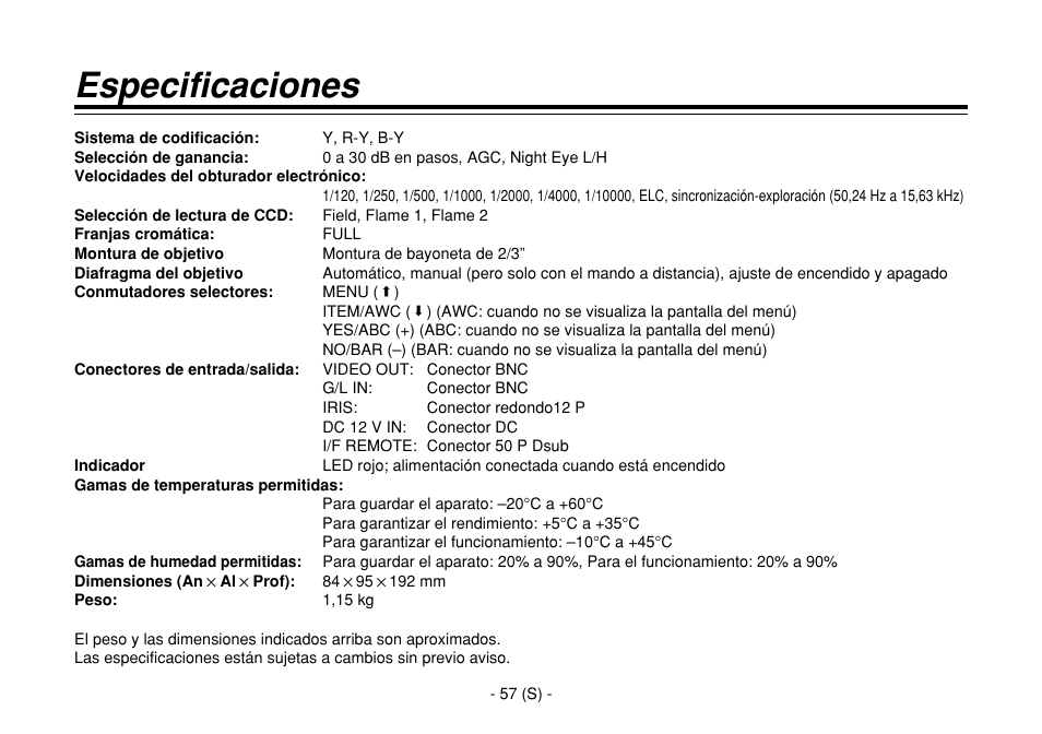 Especificaciones | Panasonic AW-E860L User Manual | Page 290 / 292