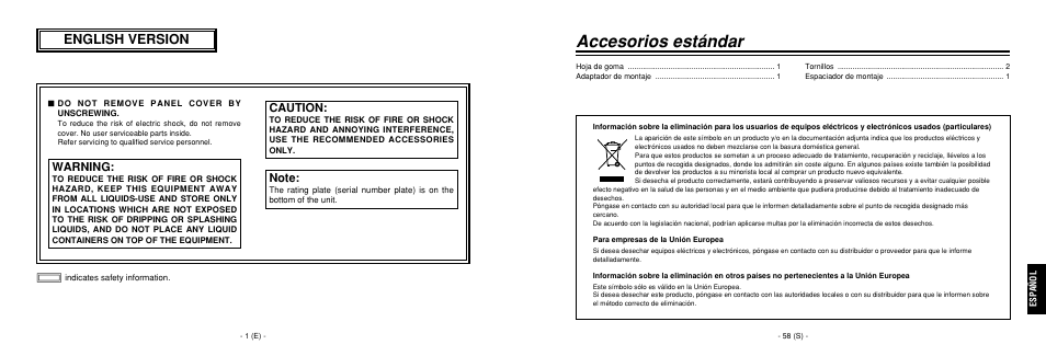Accesorios estándar, English version, Warning | Caution | Panasonic AW-E860L User Manual | Page 291 / 292