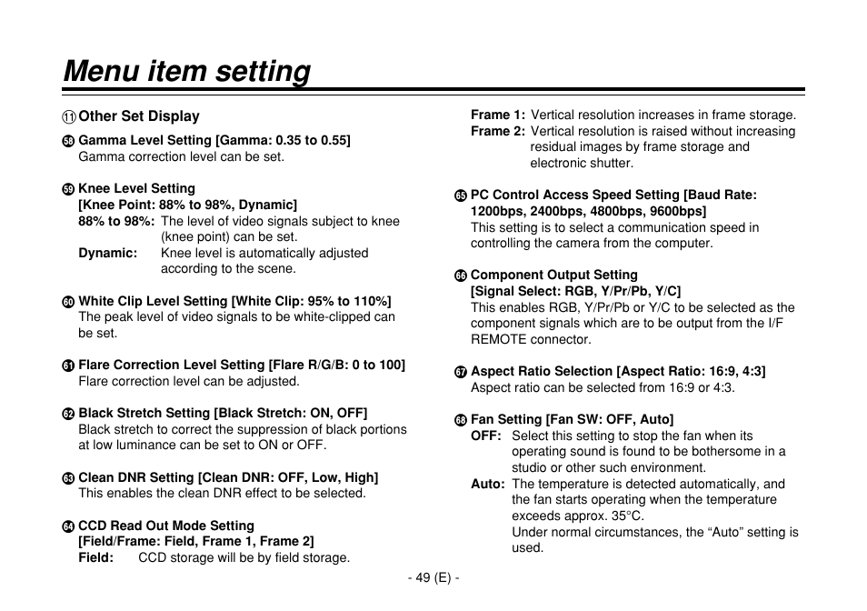 Menu item setting | Panasonic AW-E860L User Manual | Page 50 / 292