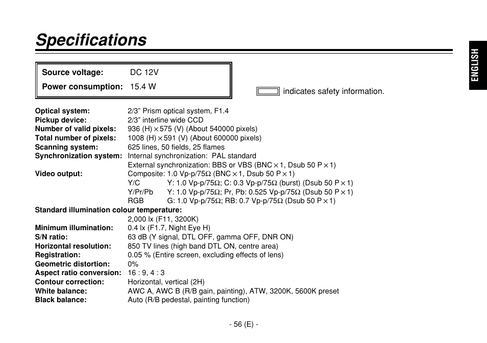 Specifications | Panasonic AW-E860L User Manual | Page 57 / 292