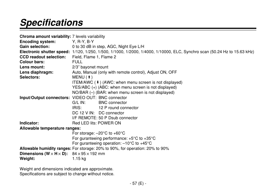 Specifications | Panasonic AW-E860L User Manual | Page 58 / 292