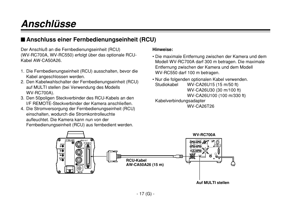 Anschlüsse, Anschluss einer fernbedienungseinheit (rcu) | Panasonic AW-E860L User Manual | Page 76 / 292