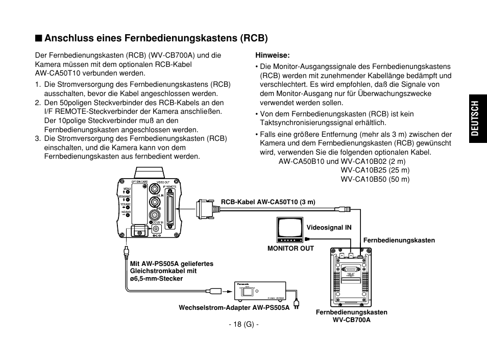 Anschluss eines fernbedienungskastens (rcb) | Panasonic AW-E860L User Manual | Page 77 / 292