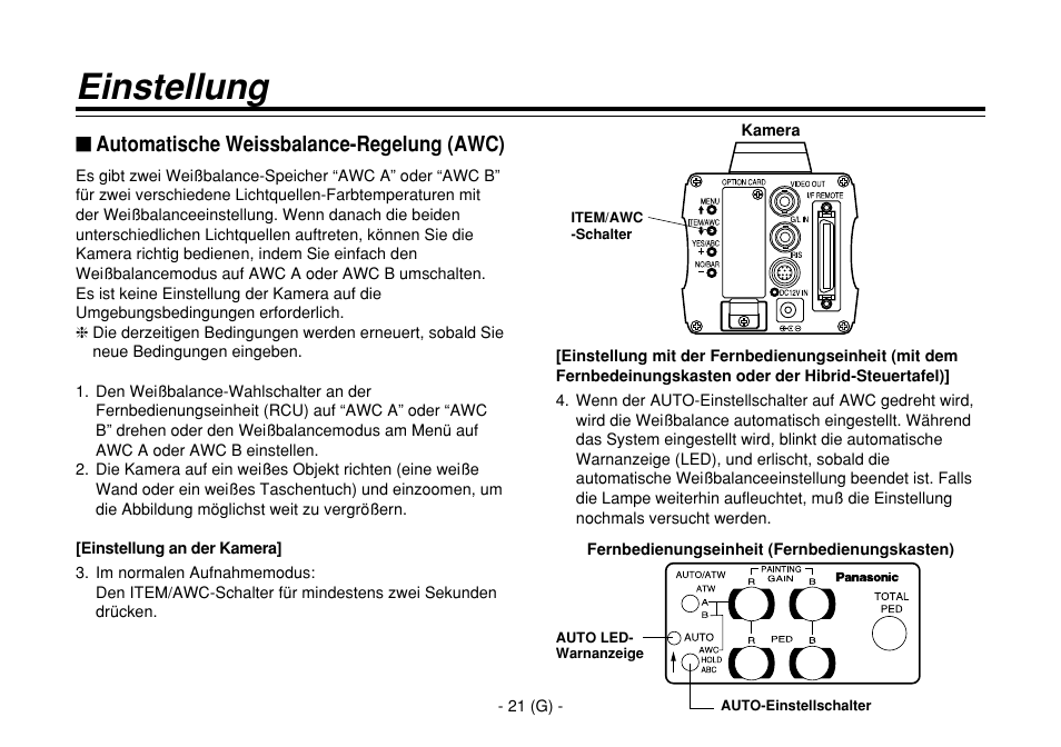 Einstellung, Automatische weissbalance-regelung (awc) | Panasonic AW-E860L User Manual | Page 80 / 292