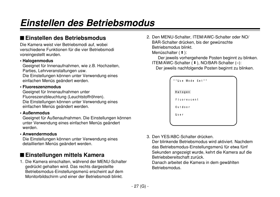 Einstellen des betriebsmodus, Einstellungen mittels kamera | Panasonic AW-E860L User Manual | Page 86 / 292