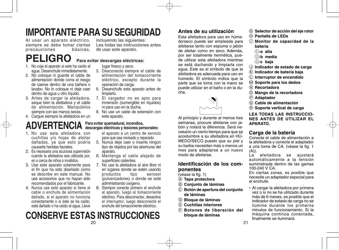 Importante para su seguridad, Peligro, Advertencia | Conserve estas instrucciones | Panasonic ES8042 User Manual | Page 11 / 14