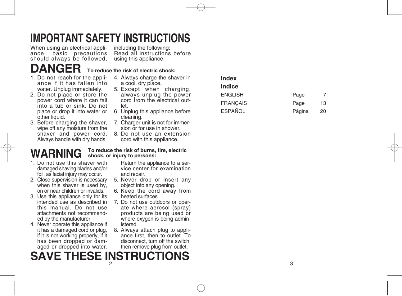 Important safety instructions, Warning, Danger | Save these instructions | Panasonic ES8042 User Manual | Page 2 / 14