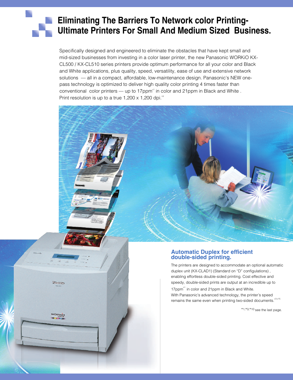 Innovative technology at work, One-pass printing technology, High yield, easy-to-replace consumables | Confidential printing, High speed, one-pass printing technology, Induction heating technology, Intelligent printing | Panasonic KX-CL500 User Manual | Page 2 / 6