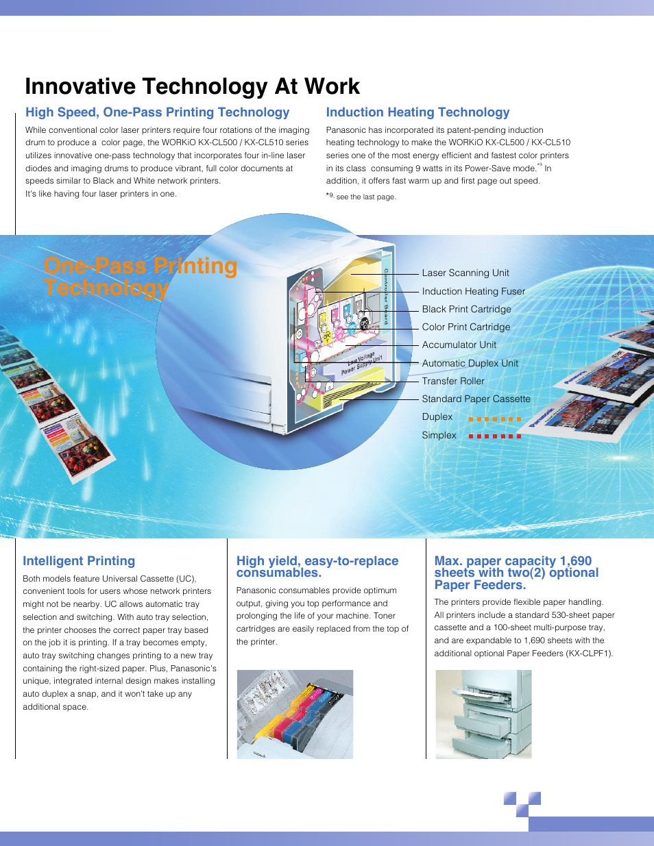Innovative technology at work, One-pass printing technology, High yield, easy-to-replace consumables | Confidential printing, High speed, one-pass printing technology, Induction heating technology, Intelligent printing | Panasonic KX-CL500 User Manual | Page 3 / 6