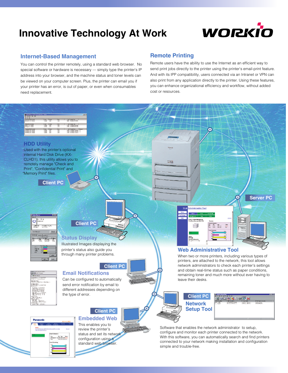 Automatic duplex, 17 ppm, 21 ppm | Expanding your business solutions, Innovative technology at work, Comparable to network black and white printers, Internet-based management, Remote printing, Email notifications, Hdd utility | Panasonic KX-CL500 User Manual | Page 5 / 6