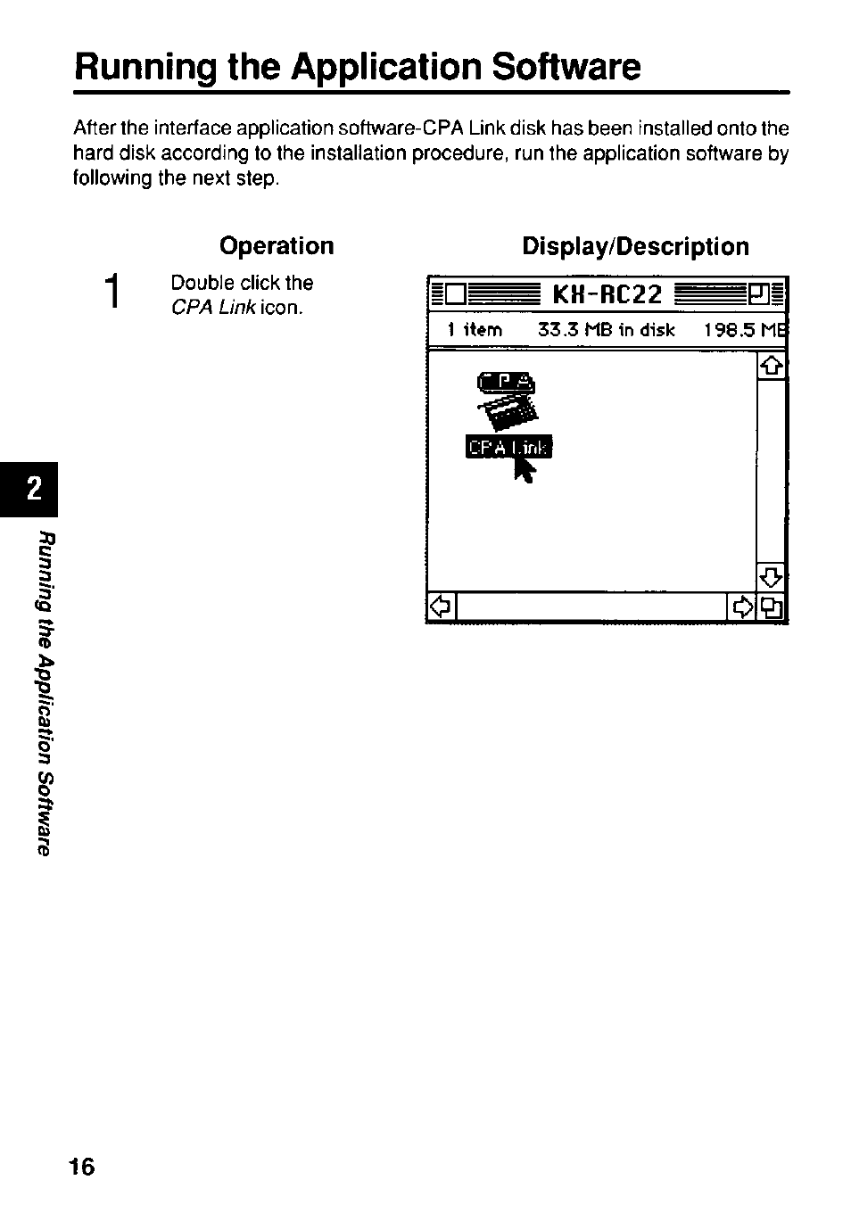 Running the application software, Operation, Display/description | Kk-rc22 | Panasonic KX-RC22 User Manual | Page 16 / 48