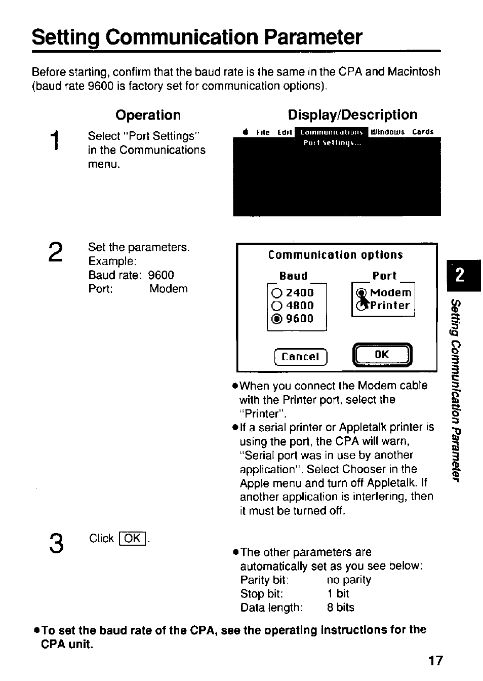 Setting communication parameter, Operation, Display/description | Panasonic KX-RC22 User Manual | Page 17 / 48