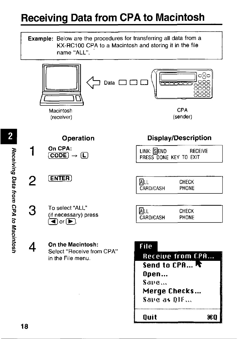 Receiving data from cpa to macintosh, Operation, Copd ^ e) | Enter, On the macintosh, Display/description, File, Receiue from cpr, Send to cpr... ^ open, Merge checks | Panasonic KX-RC22 User Manual | Page 18 / 48