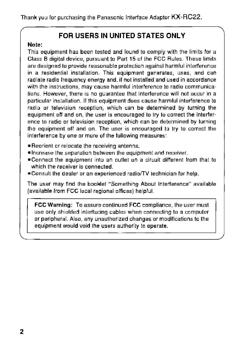 For users in united states only | Panasonic KX-RC22 User Manual | Page 2 / 48