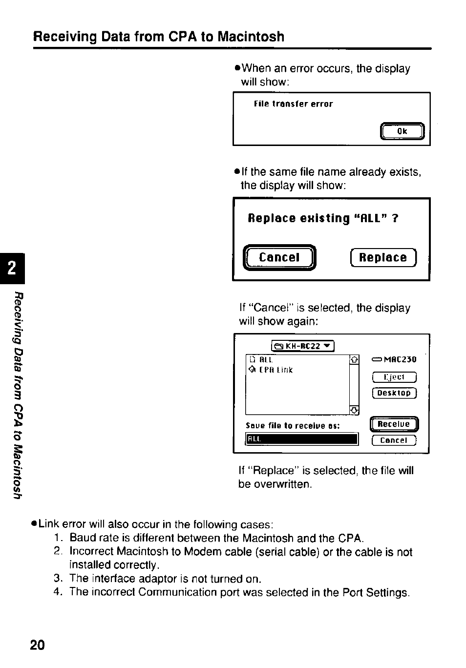 Replace ekisting “all, Receiving data from cpa to macintosh | Panasonic KX-RC22 User Manual | Page 20 / 48