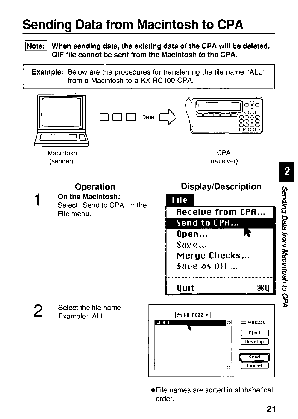 Sending data from macintosh to cpa, Operation, Display/description j receiue from cph..t | File, Send to cpfl, Open, Merge checks, Quit | Panasonic KX-RC22 User Manual | Page 21 / 48