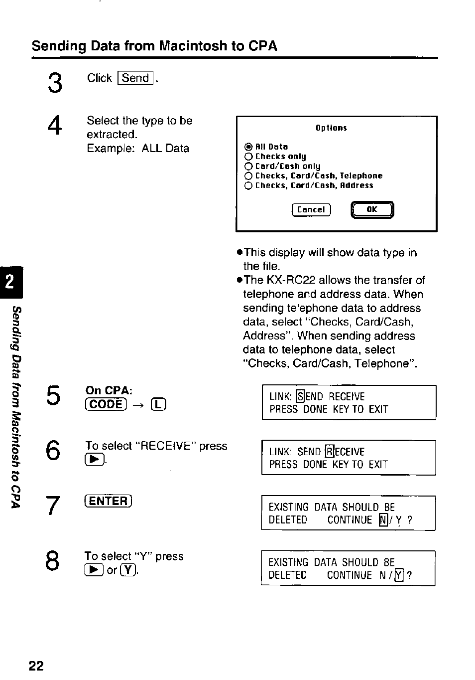 Ienter), Sending data from macintosh to cpa | Panasonic KX-RC22 User Manual | Page 22 / 48