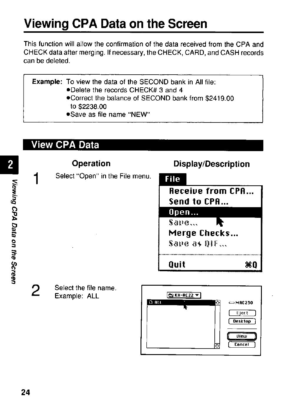 Viewing cpa data on the screen, Operation, Display/description | Receiue from cpr.. send to cpr, Open, Merge checks, Quit, View cpa data | Panasonic KX-RC22 User Manual | Page 24 / 48