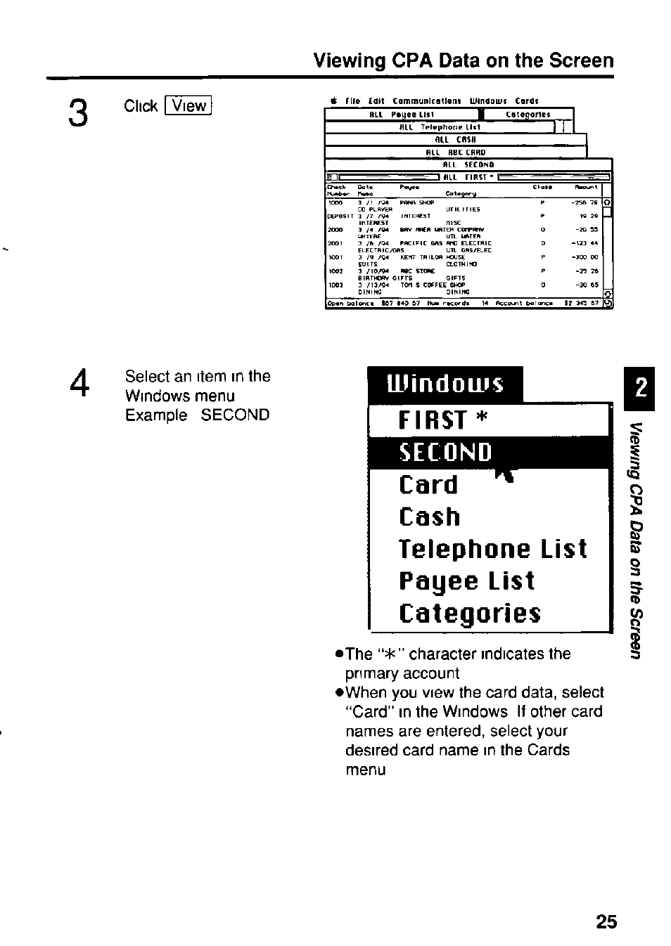 Cash, Telephone list payee list categories, First | Cash telephone list payee list categories, Iliindoms, Second card, Viewing cpa data on the screen, Click view, Select an item in the windows menu example second | Panasonic KX-RC22 User Manual | Page 25 / 48
