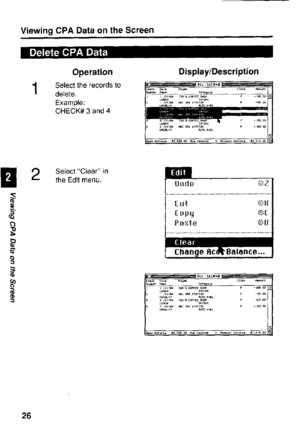 Operation, Display/descriptlon, Change flcjtbalance | Delete cpa data, Viewing cpa data on the screen, Select “clear” in the edit menu | Panasonic KX-RC22 User Manual | Page 26 / 48